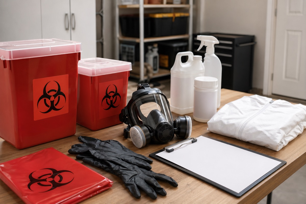 Biohazard cleanup protective equipment, respirator, gloves, disinfectant, and disposal containers